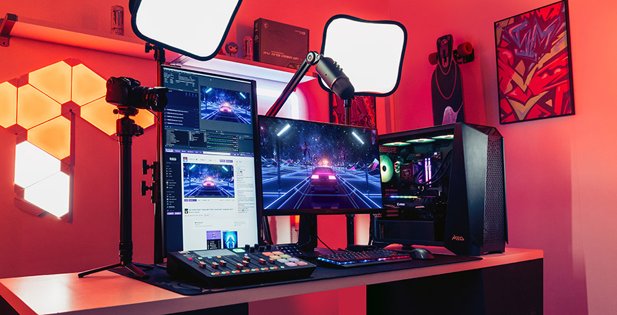setup streaming dan gaming hemat di meja 120cm dengan monitor arm dan mic arm