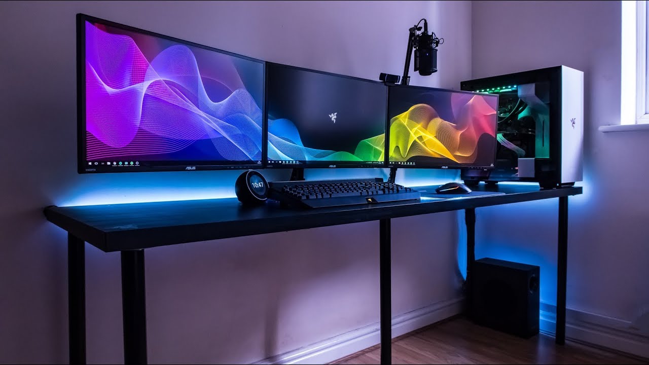 cable management setup gaming rapi dan estetik dengan tray bawah meja dan clip perekat