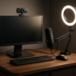 setup webcam mic dan lighting di meja kecil 2025 untuk konten kreator pemula