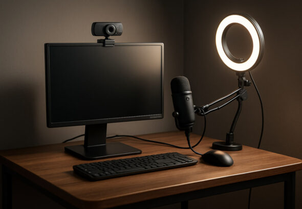 setup webcam mic dan lighting di meja kecil 2025 untuk konten kreator pemula