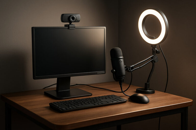 setup webcam mic dan lighting di meja kecil 2025 untuk konten kreator pemula