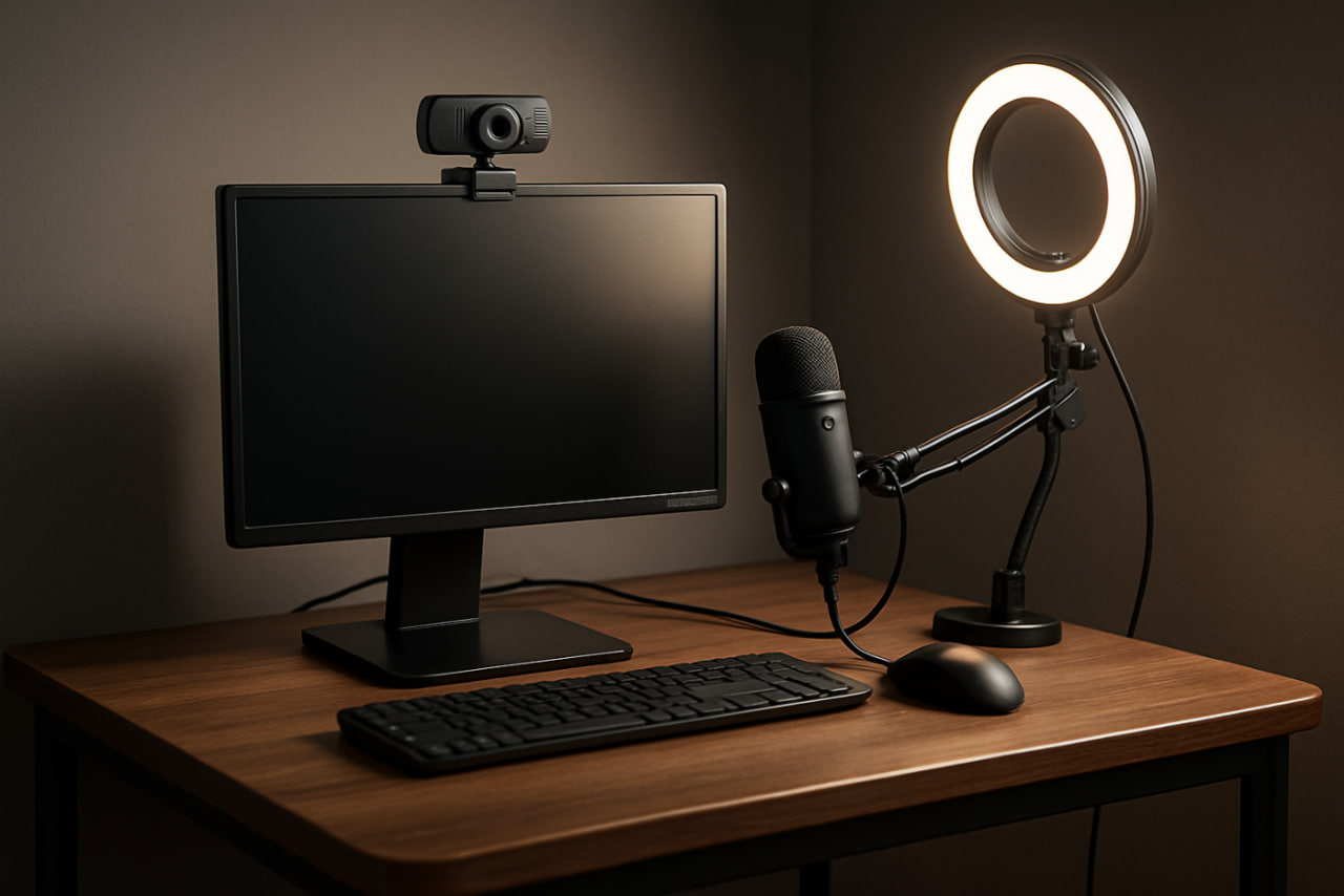 setup webcam mic dan lighting di meja kecil 2025 untuk konten kreator pemula