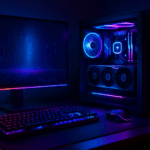 Ilustrasi setup PC gaming 2025 dengan GPU canggih dan pencahayaan RGB futuristik