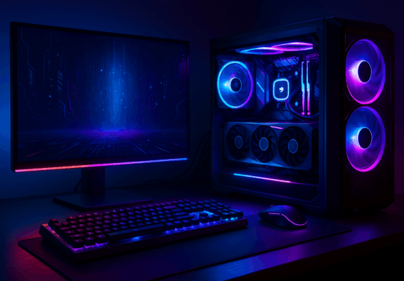 Ilustrasi setup PC gaming 2025 dengan GPU canggih dan pencahayaan RGB futuristik