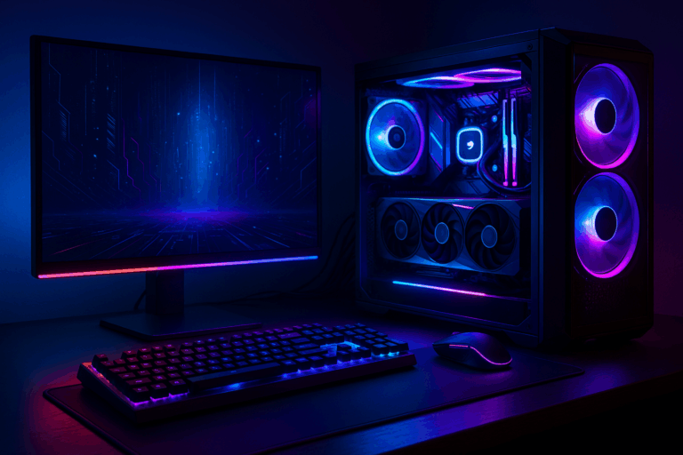 Ilustrasi setup PC gaming 2025 dengan GPU canggih dan pencahayaan RGB futuristik