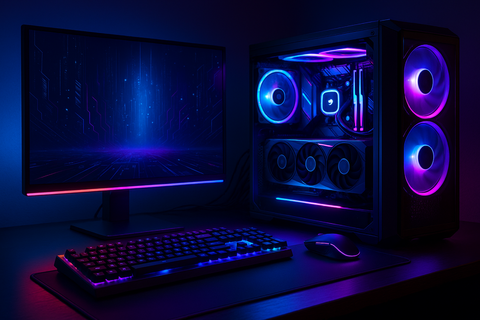 Ilustrasi setup PC gaming 2025 dengan GPU canggih dan pencahayaan RGB futuristik