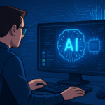 Ilustrasi software berbasis AI pada komputer modern 2025