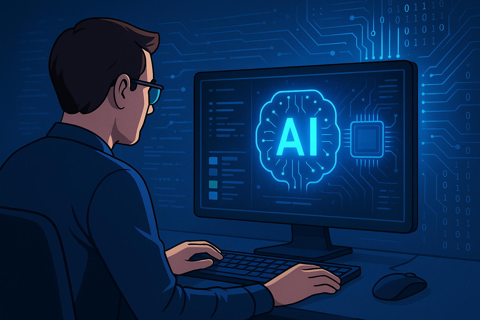 Ilustrasi software berbasis AI pada komputer modern 2025