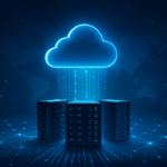 Ilustrasi cloud computing 2025 dengan server futuristik dan aliran data digital biru