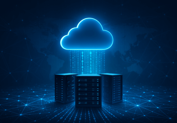 Ilustrasi cloud computing 2025 dengan server futuristik dan aliran data digital biru