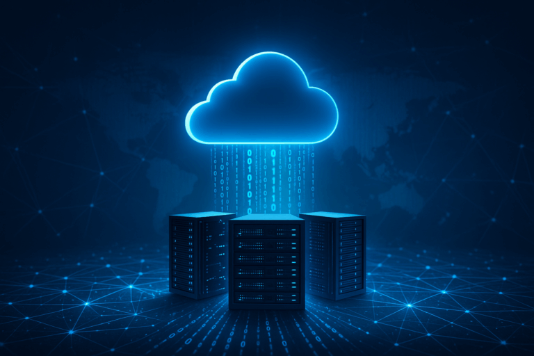 Ilustrasi cloud computing 2025 dengan server futuristik dan aliran data digital biru
