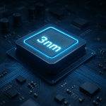 Ilustrasi chip 3nm modern pada motherboard futuristik