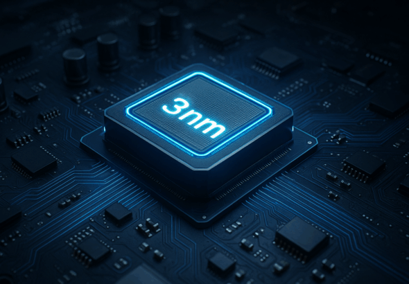 Ilustrasi chip 3nm modern pada motherboard futuristik