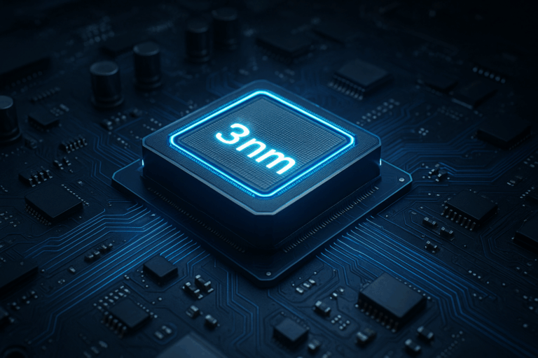 Ilustrasi chip 3nm modern pada motherboard futuristik