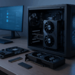 Ilustrasi PC modular modern dengan komponen fleksibel di meja kerja futuristik