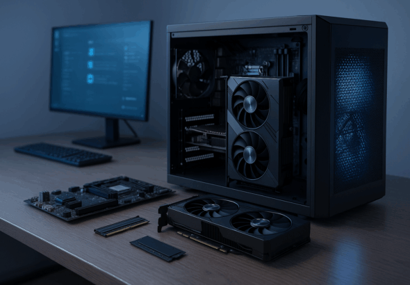 Ilustrasi PC modular modern dengan komponen fleksibel di meja kerja futuristik