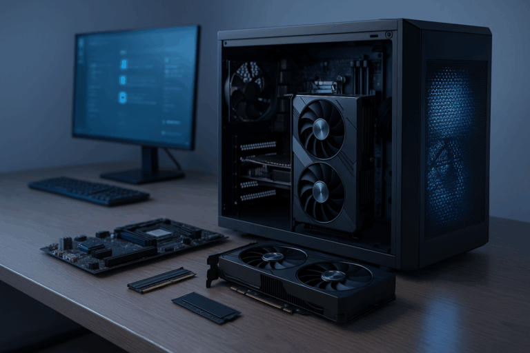 Ilustrasi PC modular modern dengan komponen fleksibel di meja kerja futuristik