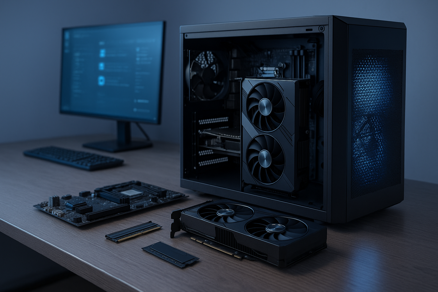 Ilustrasi PC modular modern dengan komponen fleksibel di meja kerja futuristik