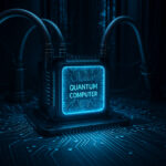 Ilustrasi komputer kuantum futuristik dengan chip qubit bercahaya
