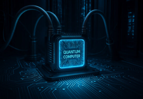 Ilustrasi komputer kuantum futuristik dengan chip qubit bercahaya