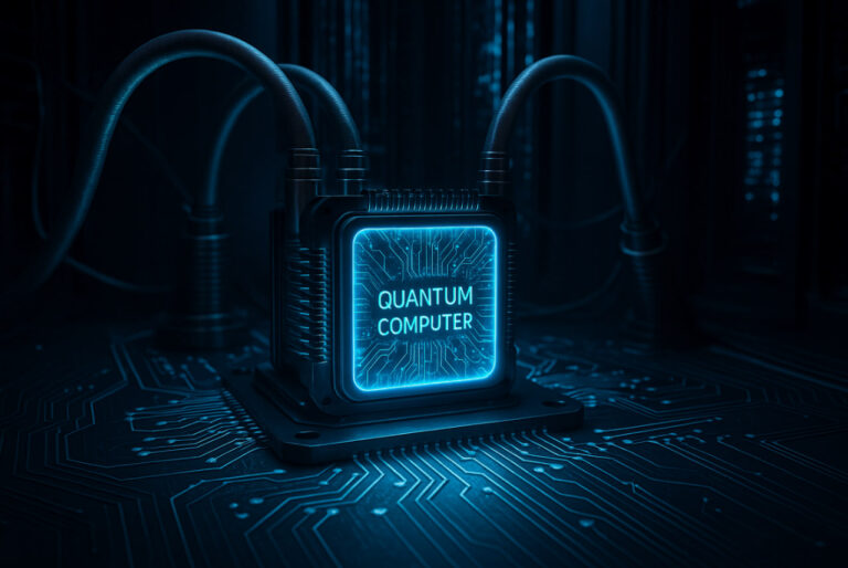 Ilustrasi komputer kuantum futuristik dengan chip qubit bercahaya