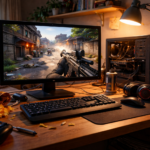 Ilustrasi game FPS ringan di PC kentang dengan setup gaming sederhana dan performa stabil