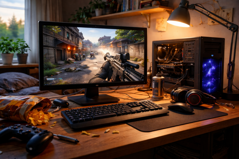 Ilustrasi game FPS ringan di PC kentang dengan setup gaming sederhana dan performa stabil