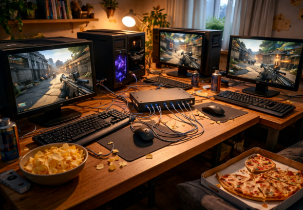 Ilustrasi game LAN PC kentang dengan setup jaringan lokal dan gameplay stabil