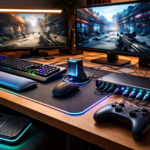 Ilustrasi aksesoris gaming inovatif dengan setup PC modern dan ergonomis