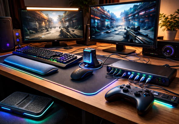 Ilustrasi aksesoris gaming inovatif dengan setup PC modern dan ergonomis