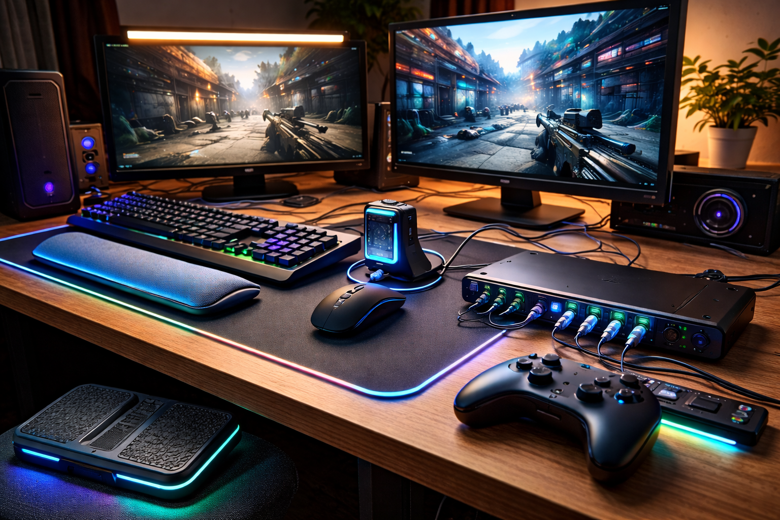 Ilustrasi aksesoris gaming inovatif dengan setup PC modern dan ergonomis