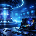 Ilustrasi teknologi komputer 2026 dengan quantum computer, AI server futuristik, dan perakitan hardware modern bernuansa biru digital.