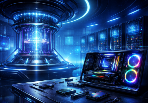 Ilustrasi teknologi komputer 2026 dengan quantum computer, AI server futuristik, dan perakitan hardware modern bernuansa biru digital.