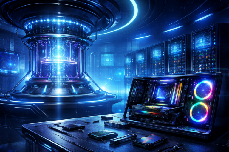 Ilustrasi teknologi komputer 2026 dengan quantum computer, AI server futuristik, dan perakitan hardware modern bernuansa biru digital.