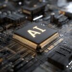 Ilustrasi workstation komputer modern dengan AI chip, server keamanan siber, dan tampilan coding bernuansa biru futuristik.