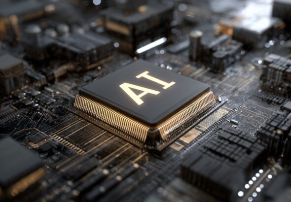 Ilustrasi workstation komputer modern dengan AI chip, server keamanan siber, dan tampilan coding bernuansa biru futuristik.