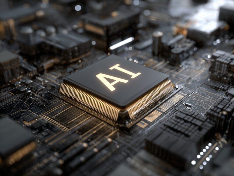 Ilustrasi workstation komputer modern dengan AI chip, server keamanan siber, dan tampilan coding bernuansa biru futuristik.