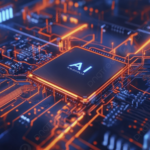 Ilustrasi komputer terbaru 2026 dengan AI chip di motherboard, server futuristik, dan setup gaming RGB modern bernuansa biru.