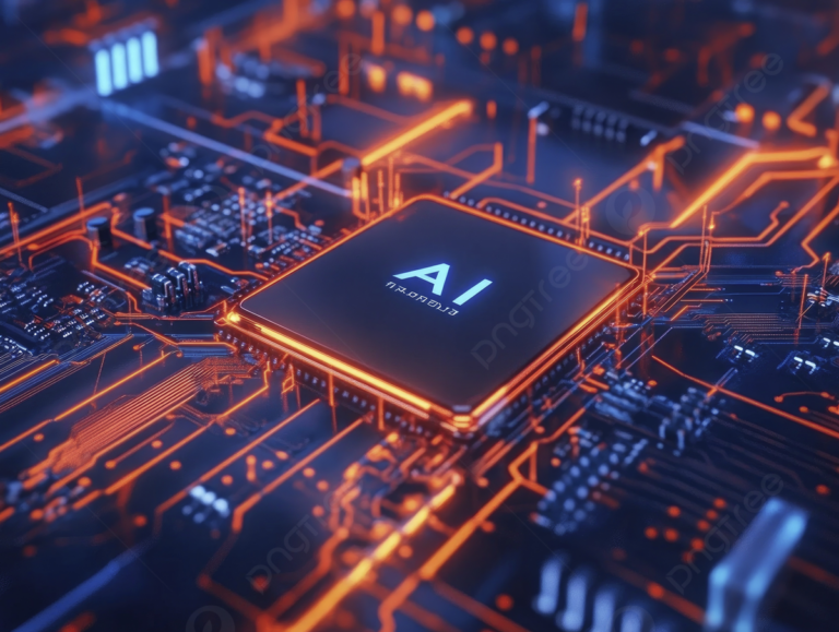 Ilustrasi komputer terbaru 2026 dengan AI chip di motherboard, server futuristik, dan setup gaming RGB modern bernuansa biru.