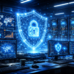 Ilustrasi sistem cybersecurity komputer modern dengan server data center, layar monitoring keamanan digital, dan jaringan perlindungan data berwarna biru futuristik.