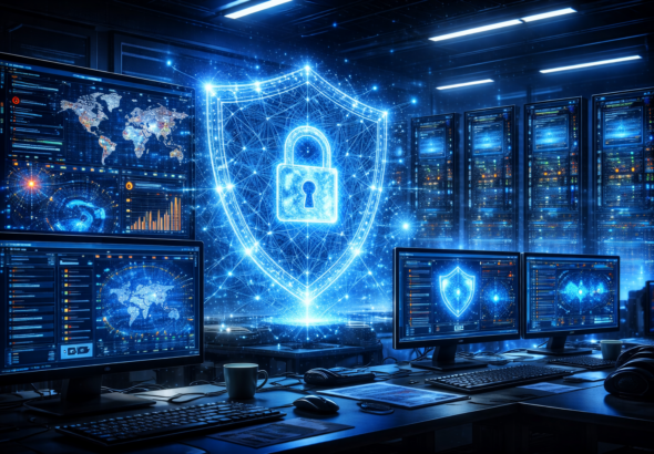 Ilustrasi sistem cybersecurity komputer modern dengan server data center, layar monitoring keamanan digital, dan jaringan perlindungan data berwarna biru futuristik.