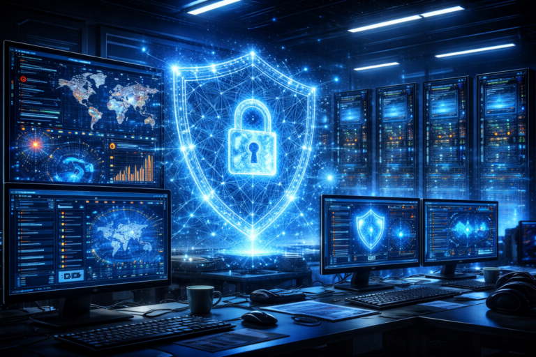 Ilustrasi sistem cybersecurity komputer modern dengan server data center, layar monitoring keamanan digital, dan jaringan perlindungan data berwarna biru futuristik.