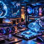 Ilustrasi AI computing dengan chip kecerdasan buatan pada motherboard, server cloud modern, dan setup komputer gaming futuristik.