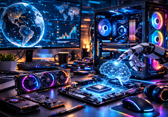 Ilustrasi AI computing dengan chip kecerdasan buatan pada motherboard, server cloud modern, dan setup komputer gaming futuristik.