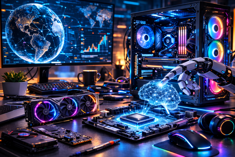 Ilustrasi AI computing dengan chip kecerdasan buatan pada motherboard, server cloud modern, dan setup komputer gaming futuristik.