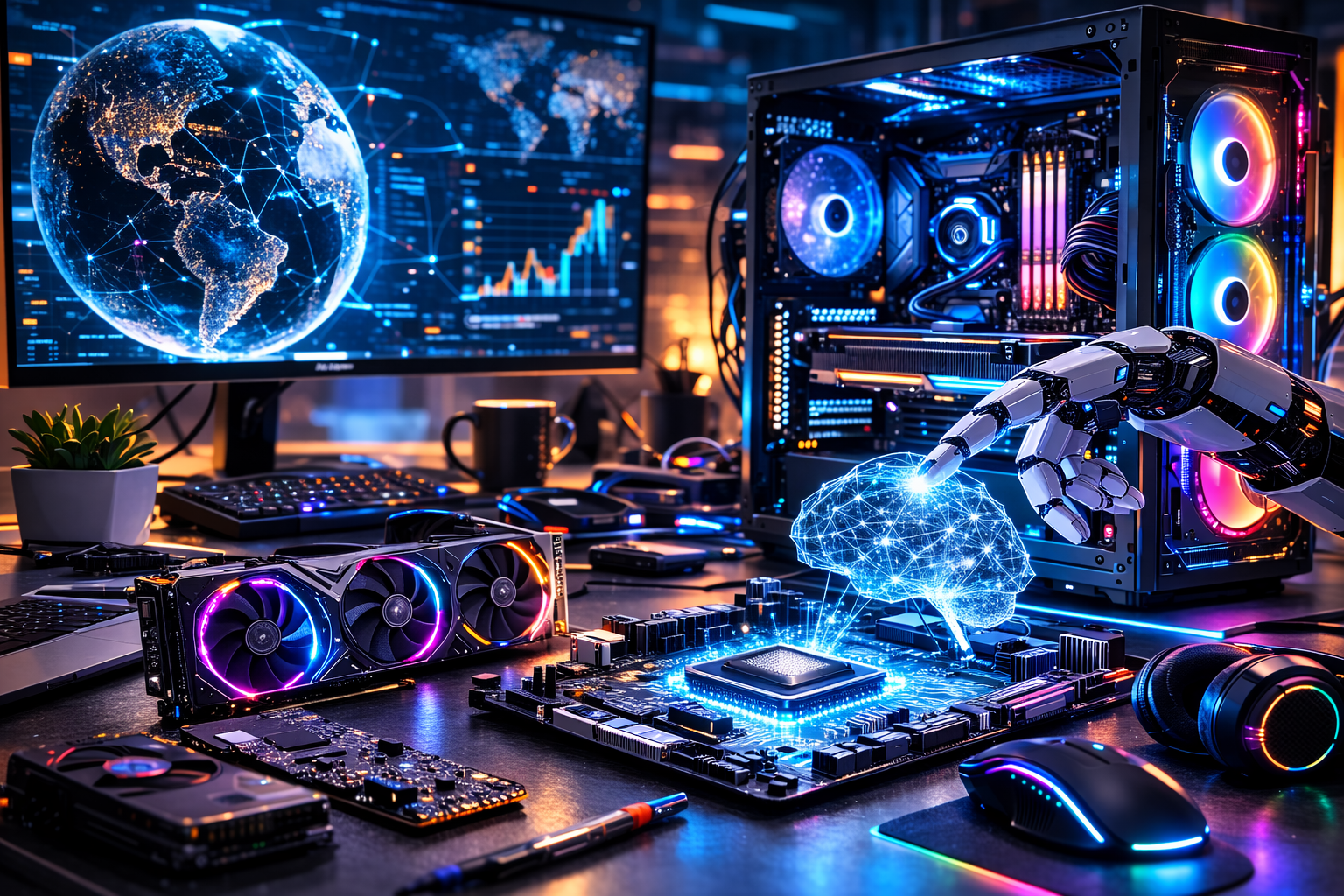 Ilustrasi AI computing dengan chip kecerdasan buatan pada motherboard, server cloud modern, dan setup komputer gaming futuristik.