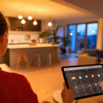 Ilustrasi sistem IoT dan komputer 2026 dengan smart home, perangkat terhubung, dan AI assistant dalam nuansa biru futuristik.