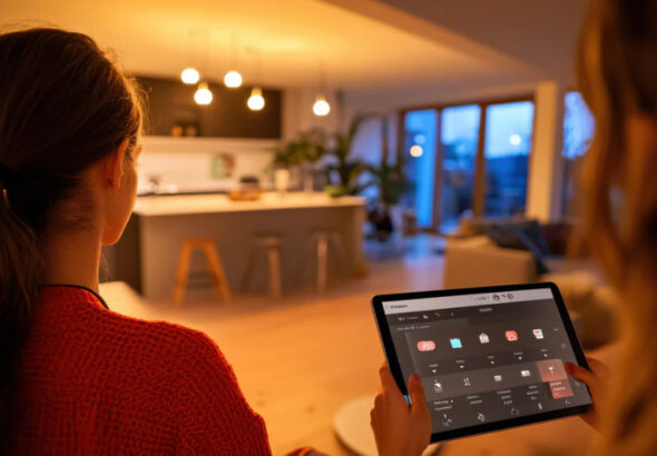 Ilustrasi sistem IoT dan komputer 2026 dengan smart home, perangkat terhubung, dan AI assistant dalam nuansa biru futuristik.