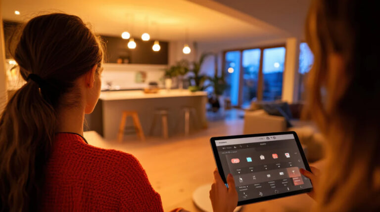 Ilustrasi sistem IoT dan komputer 2026 dengan smart home, perangkat terhubung, dan AI assistant dalam nuansa biru futuristik.