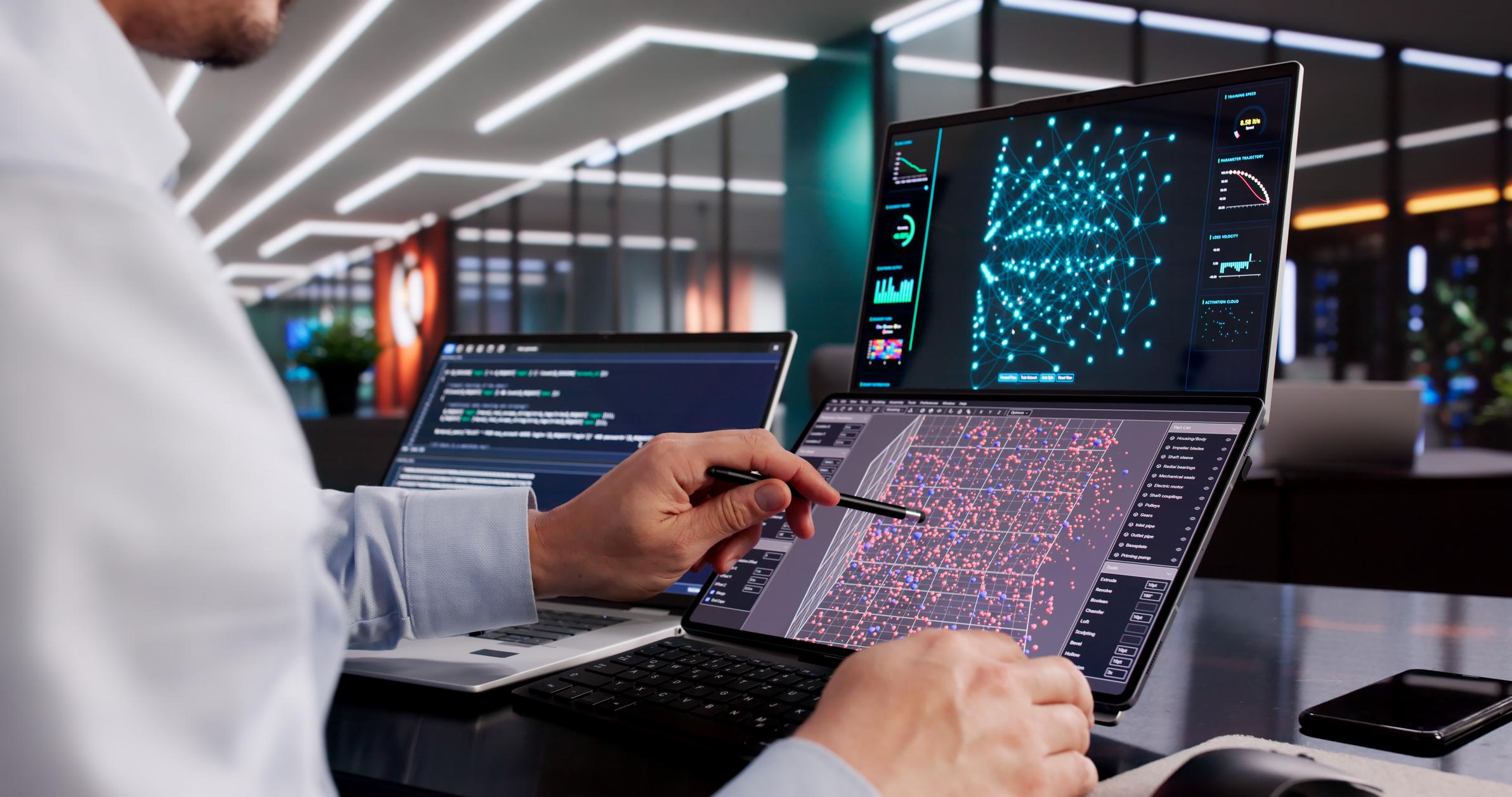 Ilustrasi workstation komputer 2026 dengan multi monitor, setup profesional, dan sistem AI computing berwarna biru futuristik.